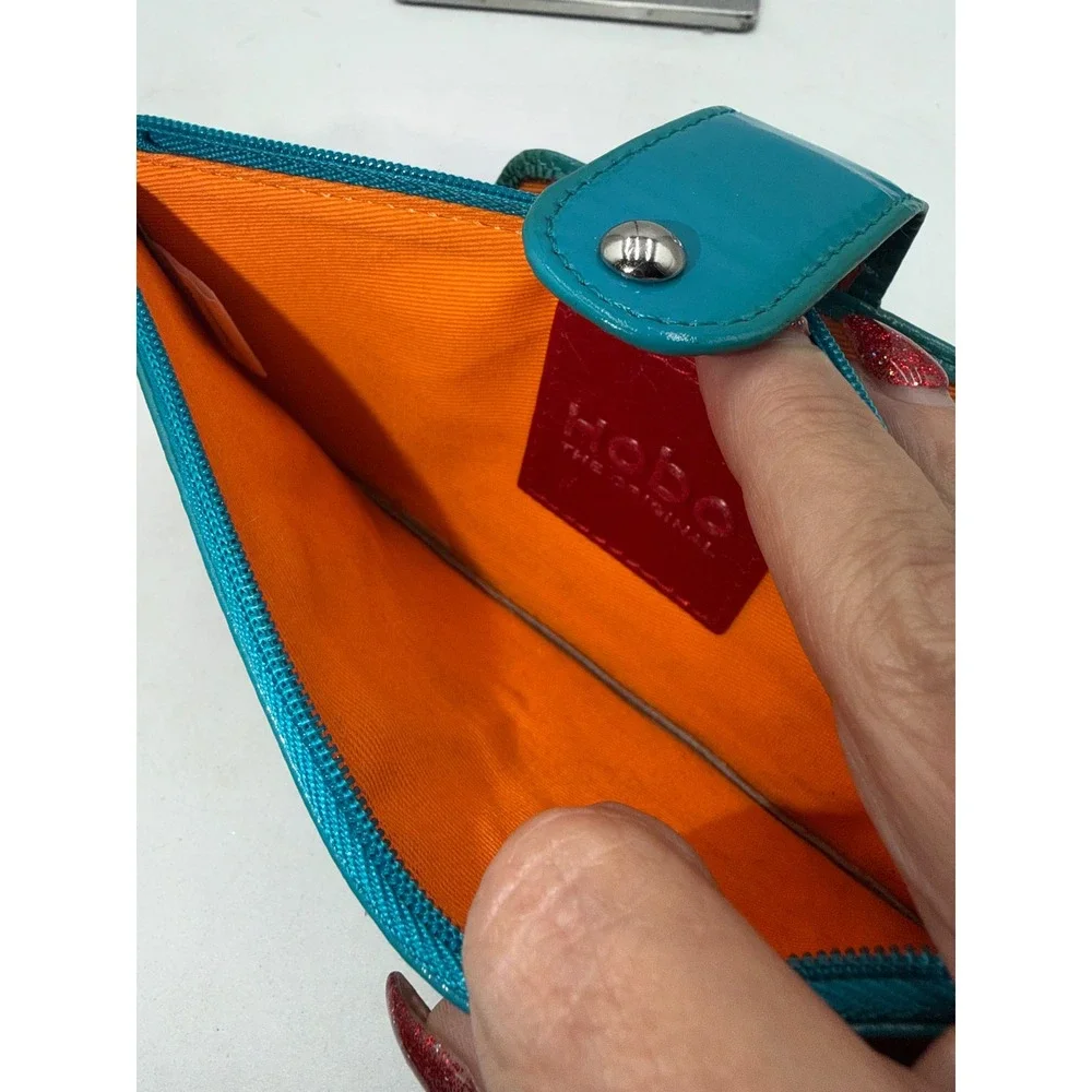 Hobo The Original Teal Patent Leather Wristlet Clutch Wallet Orange Lining